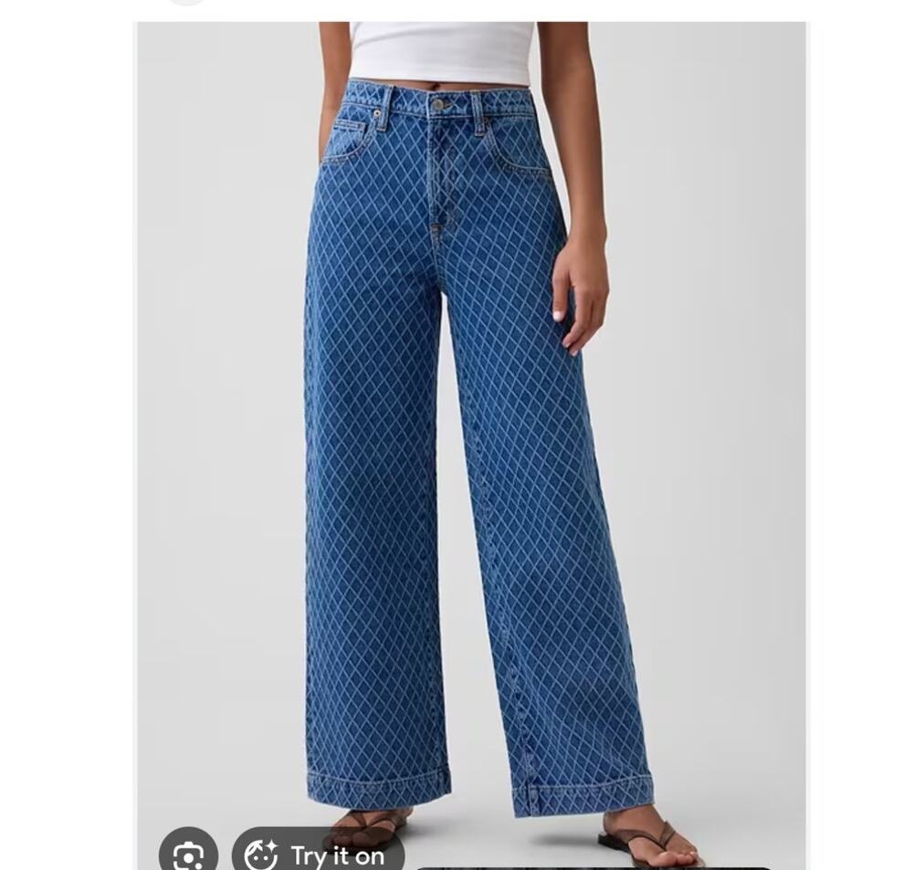 Gap Jeans Textured Quilted High Rise Wide Leg Crop 14L 32L Long Tall Medium Wash